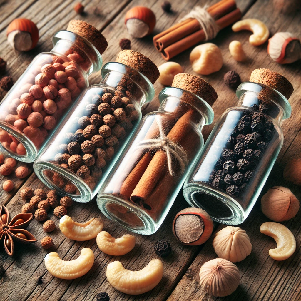DALL·E 2024-09-03 10.22.19 - A close-up image featuring an arrangement of transparent glass bottles, each spilling a different ingredient_ fox nuts, cinnamon sticks, black pepperc